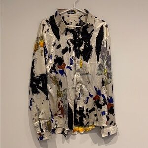 ZebraYard Cream Abstract Print Satin Button-Up Shirt